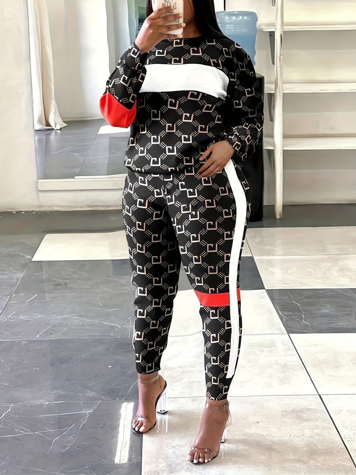 Plus Size Casual Outfits Two Piece Set, Women's Plus Colorblock Geometric Print Long Sleeve Round Neck Top & Pants With Pockets Outfits 2 Piece Set