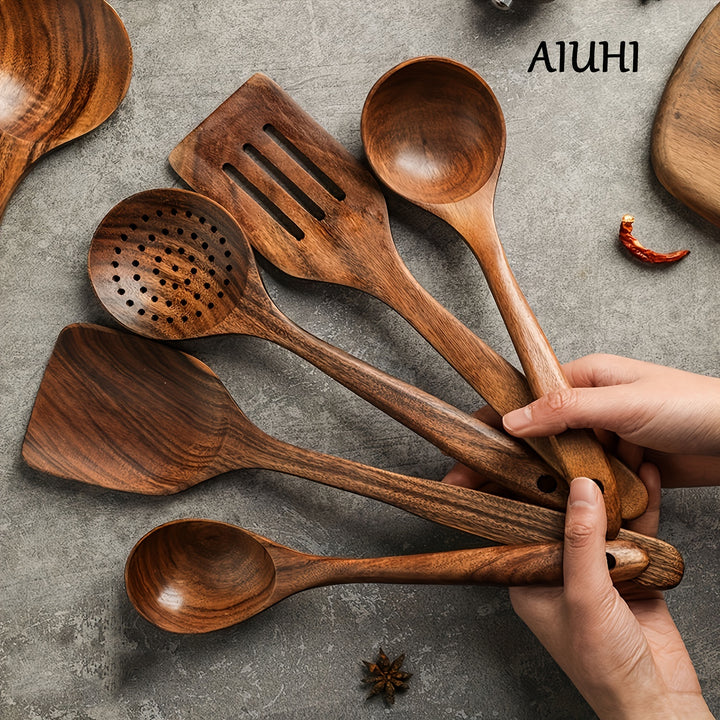 5pcs Wooden Cooking Spoon Set Wok Turners Natural Teak Wooden Utensil Kitchen Spatula Set Skimmer Spoon Wood Turner Cutlery Set Wooden Spatula Soup Scoops Teak Suite