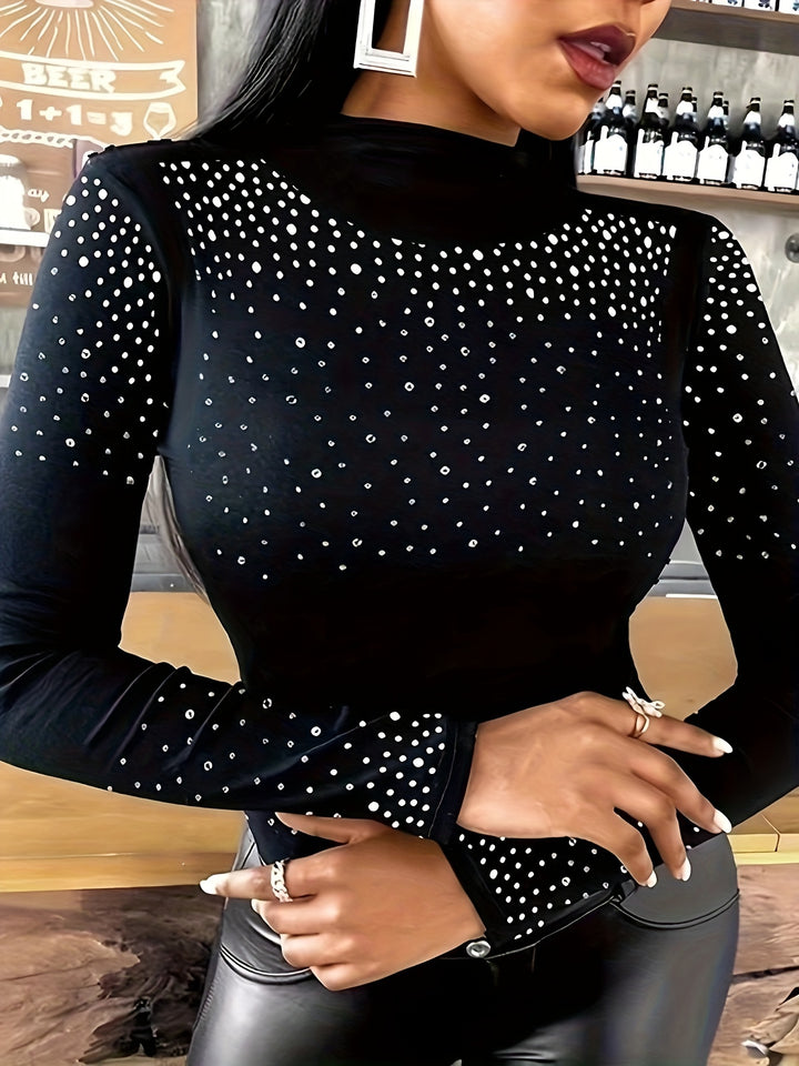 Plus Size Casual T-shirt, Women's Plus Rhinestone Decor Long Sleeve Mock Neck Slim Fit Medium Stretch T-shirt