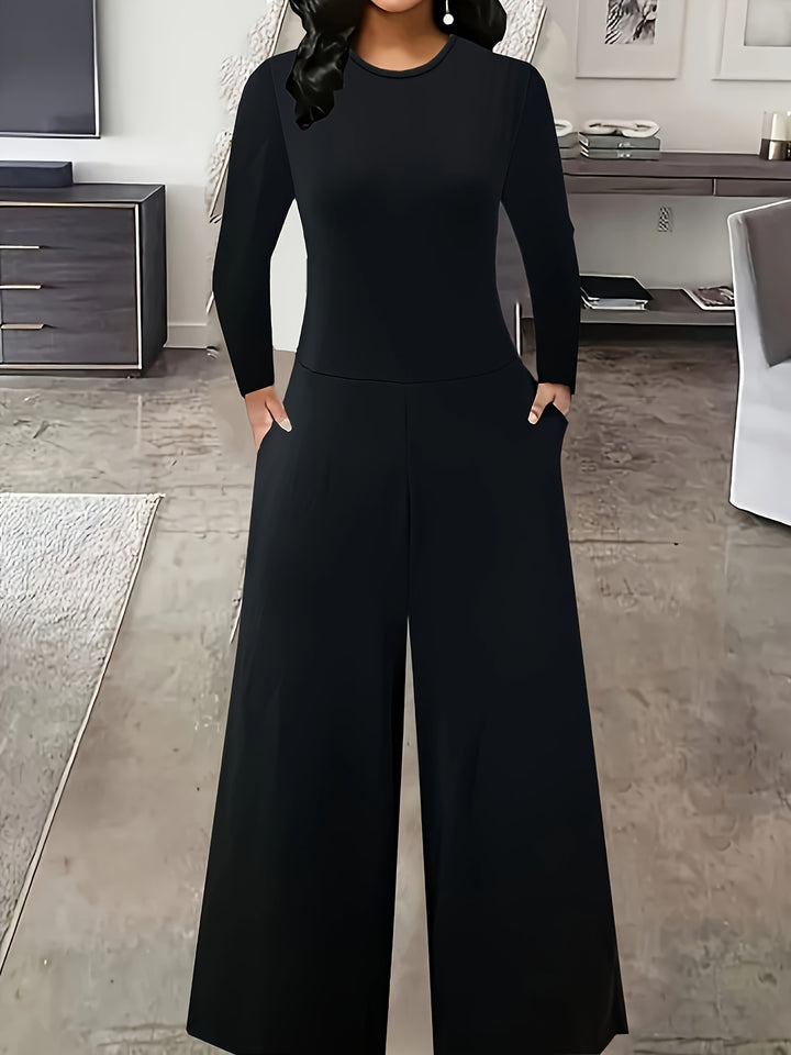 Solid Crew Neck Jumpsuit, Casual Long Sleeve Wide Leg Jumpsuit, Women's Clothing