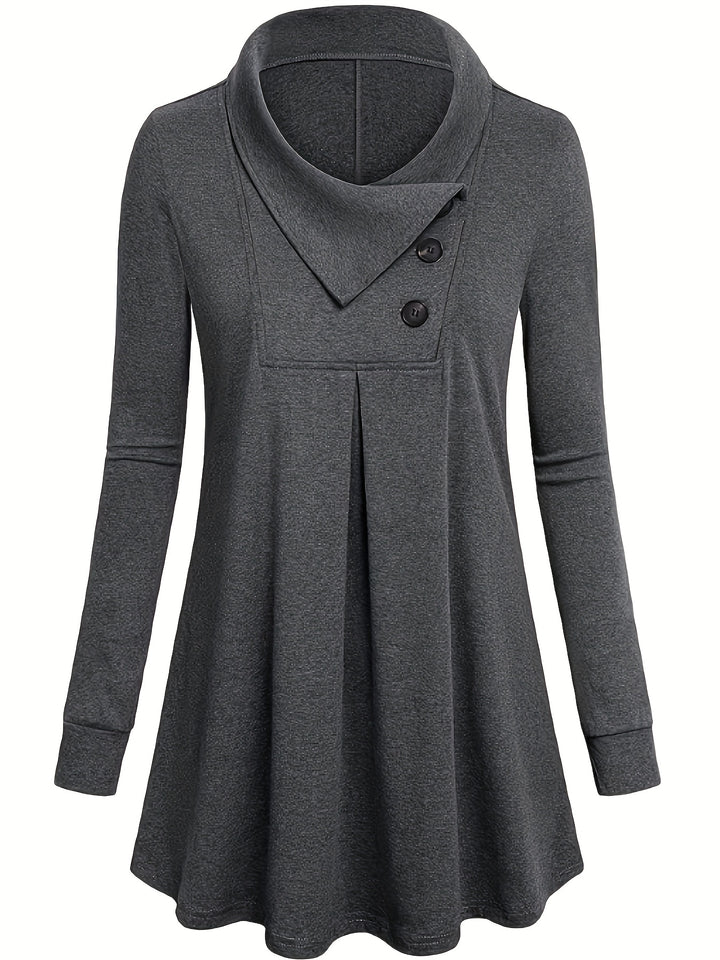 Solid Button Front Pleated Top, Casual Long Sleeve Top For Spring & Fall, Women's Clothing