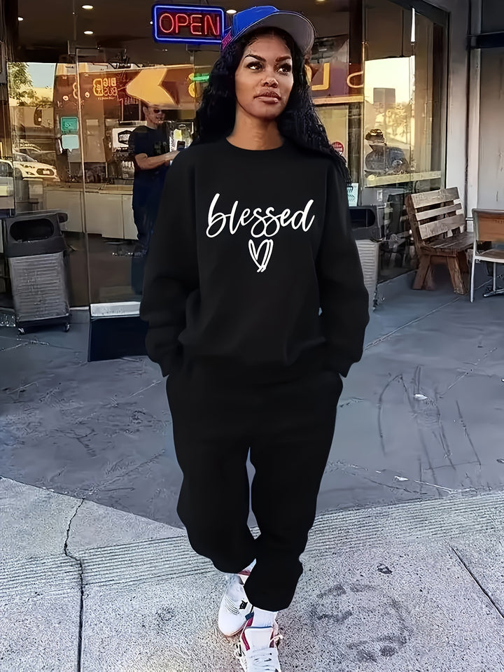 Plus Size Casual Outfits Set, Women's Plus Letter & Heart Print Long Sleeve Round Neck Sweatshirt & Joggers Outfits 2 Piece Set