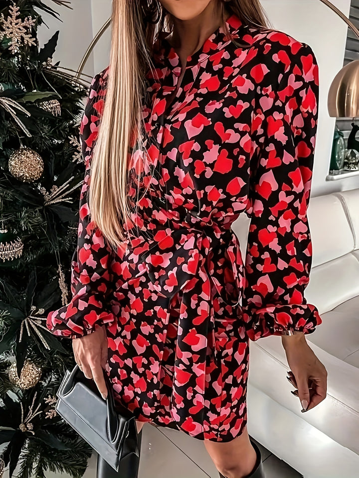 Plus Size Valentine's Day Casual Dress, Women's Plus Heart Print Lantern Sleeve Notched Neck Belted Dress