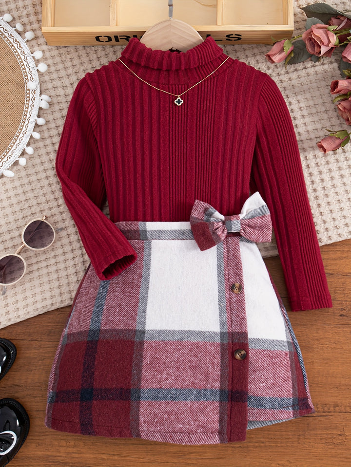 Elegant Outfits 2pcs Girls, Solid Turtleneck Pullover + Plaid Skirt Autumn Clothes Gift