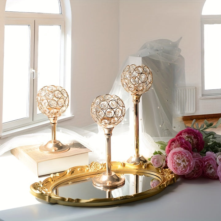 3 Pcs Crystal Candle Holder 3 Sizes Tea Light Candlestick Holders For Wedding Table Centerpiece, Table Decor, Tealight Candlestick Holder For Fireplace Candelabra, Home Living Room Decor,Candlestick Holders Metal Wedding Polished Tabletop