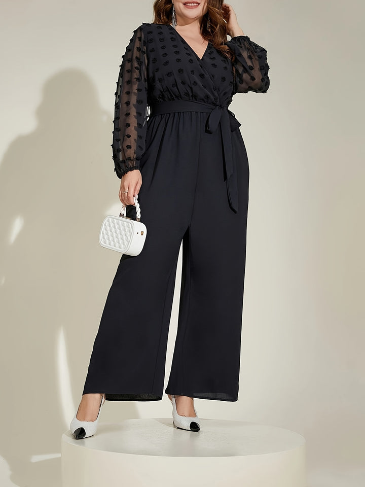 Women's Casual Jumpsuit, Plus Size Solid Contrast Mesh Swiss Dot Long Sleeve Surplice Neck Wide Leg Jumpsuit With Belt