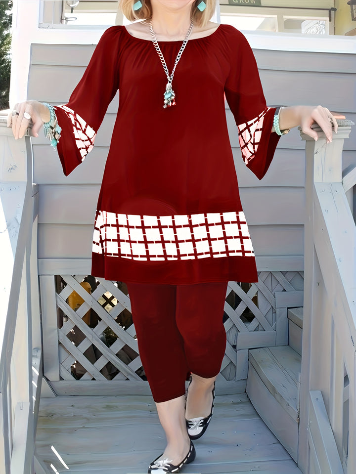 Plus Size Casual Outfit Set, Women's Plus Colorblock Grid Print Bell Sleeve Round Neck Top & Leggings Outfits Two Piece Set
