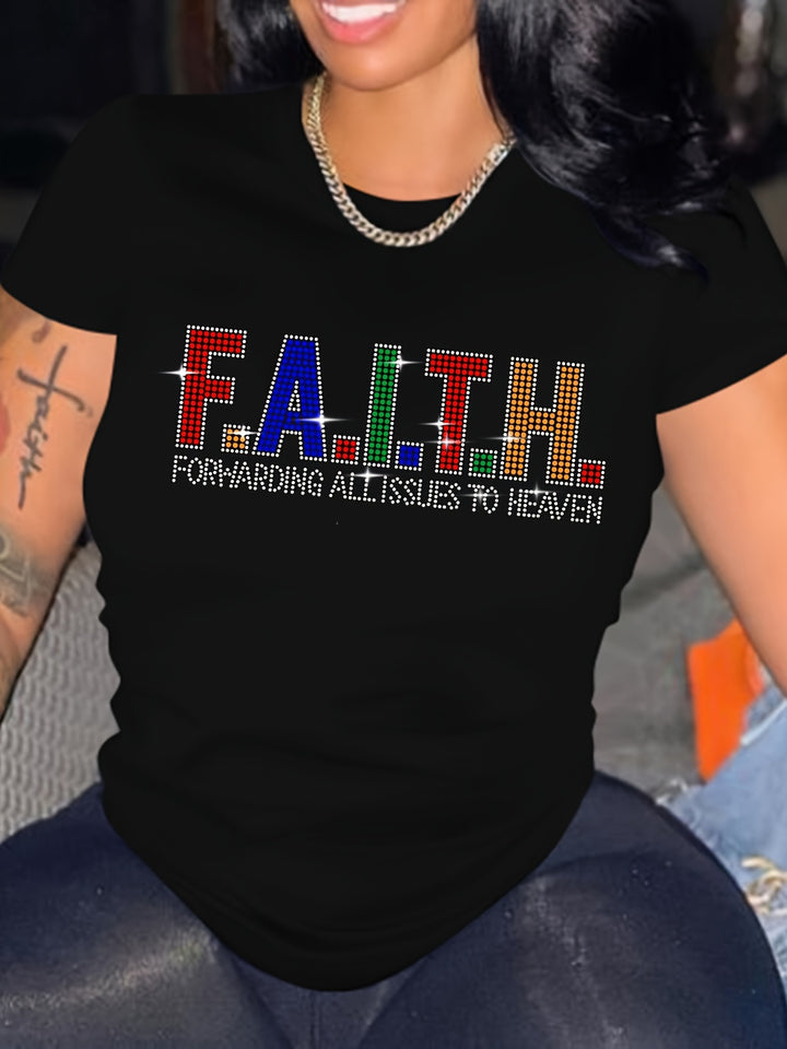 Plus Size Casual T-shirt, Women's Plus Rhinestone Colorful Letter Short Sleeve Round Neck Medium Stretch T-shirt