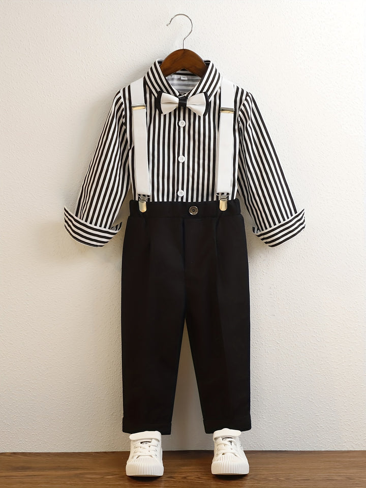 Boy's Gentleman 2pcs, Stripe Pattern Bowtie Shirt & Overalls Set, Color Clash Casual Outfits For Speech Performance Birthday Party, Kids Clothes For Spring Fall