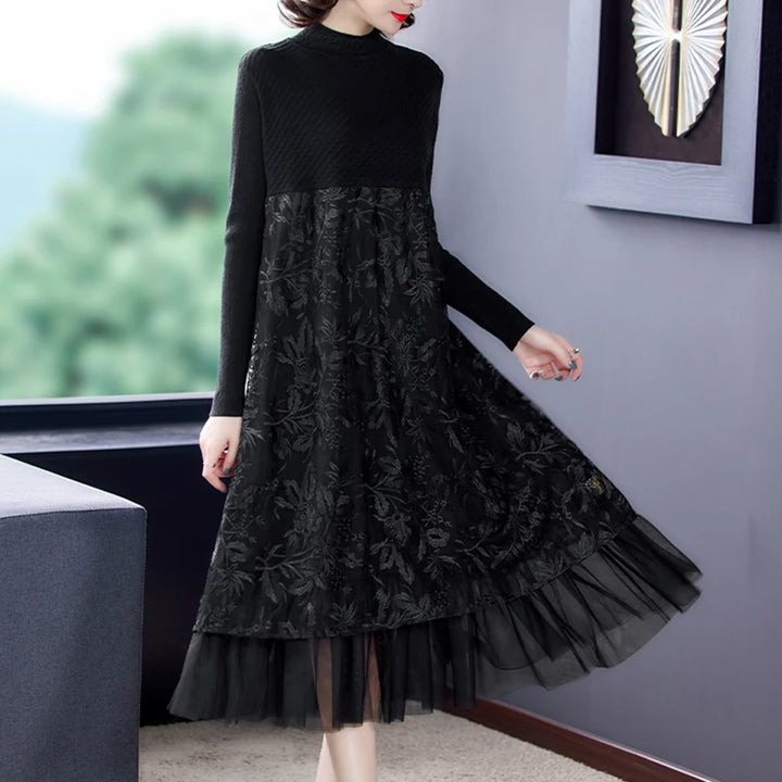 Vintage Winter Black Sweater Dress - Elegant Bodycon Midi Dress with Embroidery and Mesh Detail