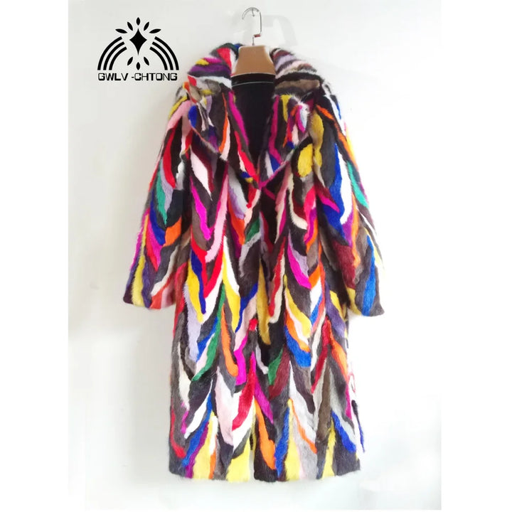 New genuine real natural mink fur coat women fashion x-long multi-color jacket ladies colorful long outwear overcoat warm winter
