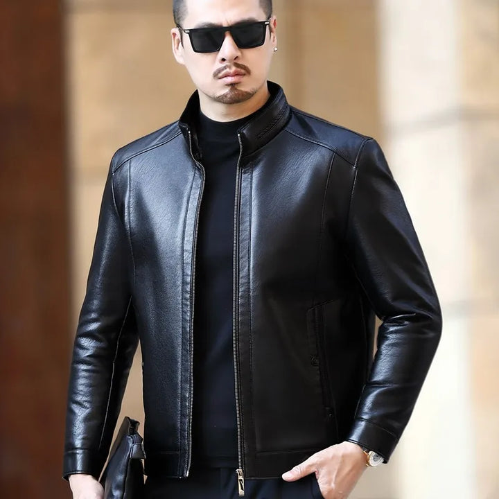 Men's Natural Leather Jacket with Stand-up Collar and Plush Liner - Super Soft and Warm