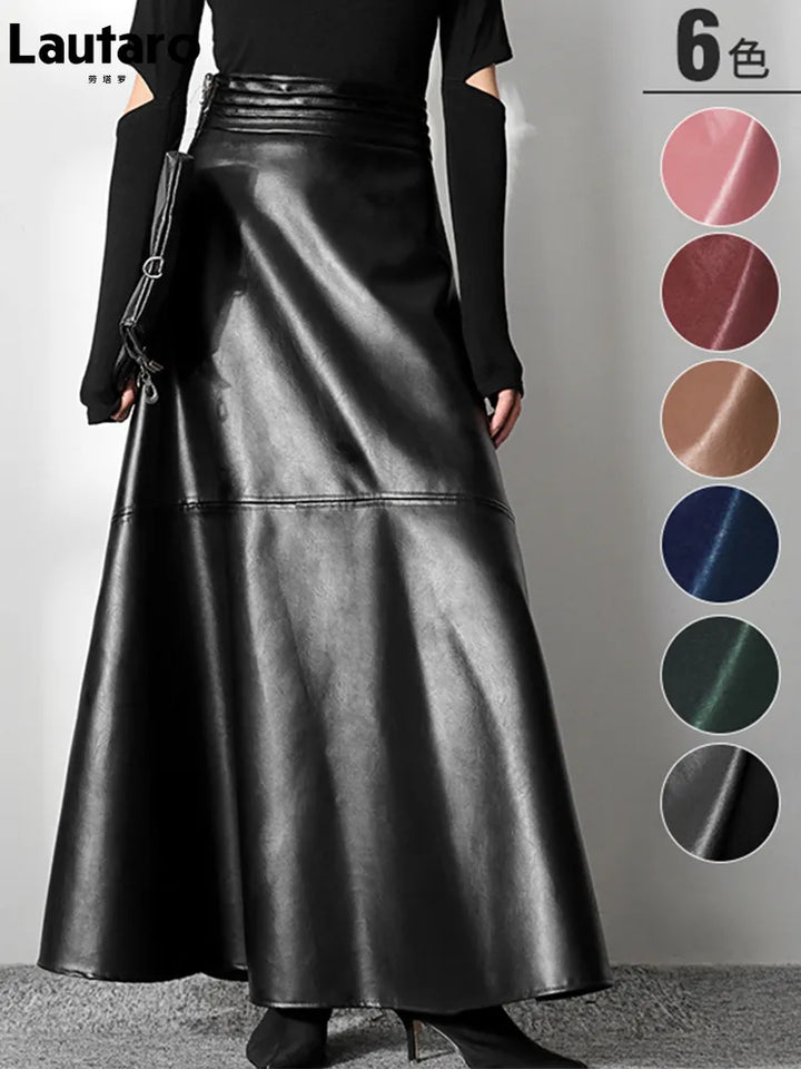 Lautaro High Waist Faux Leather Maxi Skirt - Korean Fashion 2021