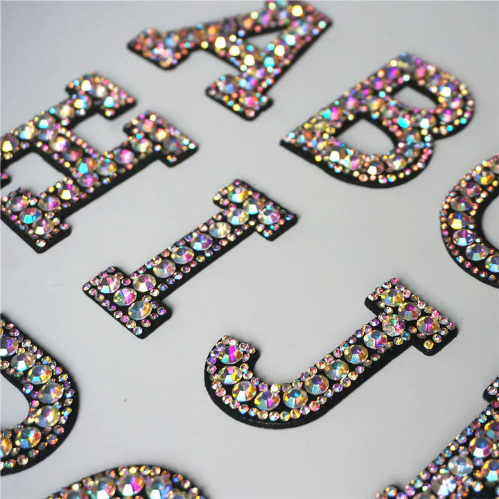 26 Letters Rhinestones Alphabet ABC Sew Iron On Patches Rainbow Shining Badges For Name DIY Dress Jeans Appliques Decoration