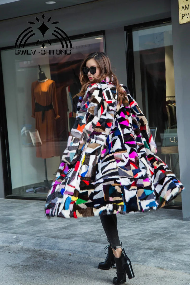 New genuine real natural mink fur coat women x-long multi-color jacket ladies colorful 110CM long outwear overcoat  for girl