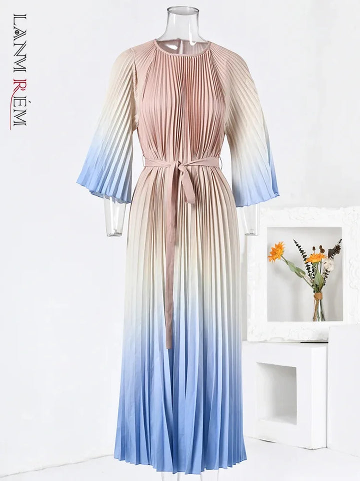 LANMREM Gradient Pleated Dress - Elegant Spring Party Wear