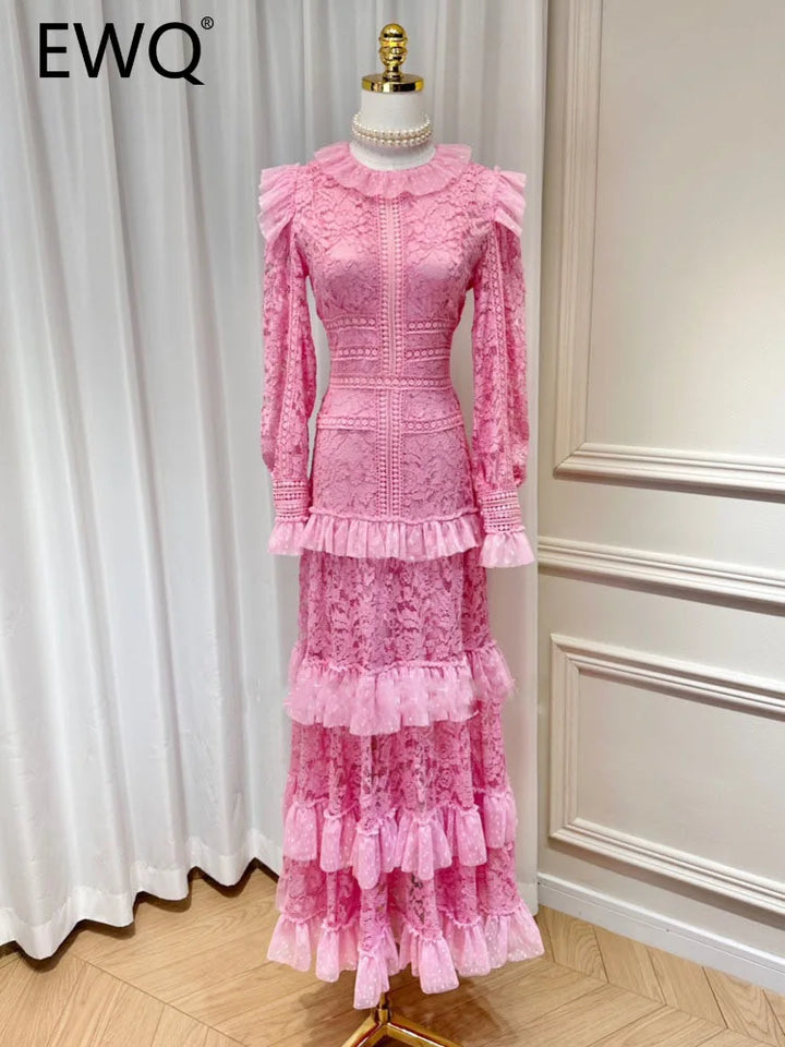 Elegant High Waist Lace Dress - Chic Ruffles, Long-sleeve, Hollow Out - Autumn/Winter 2023