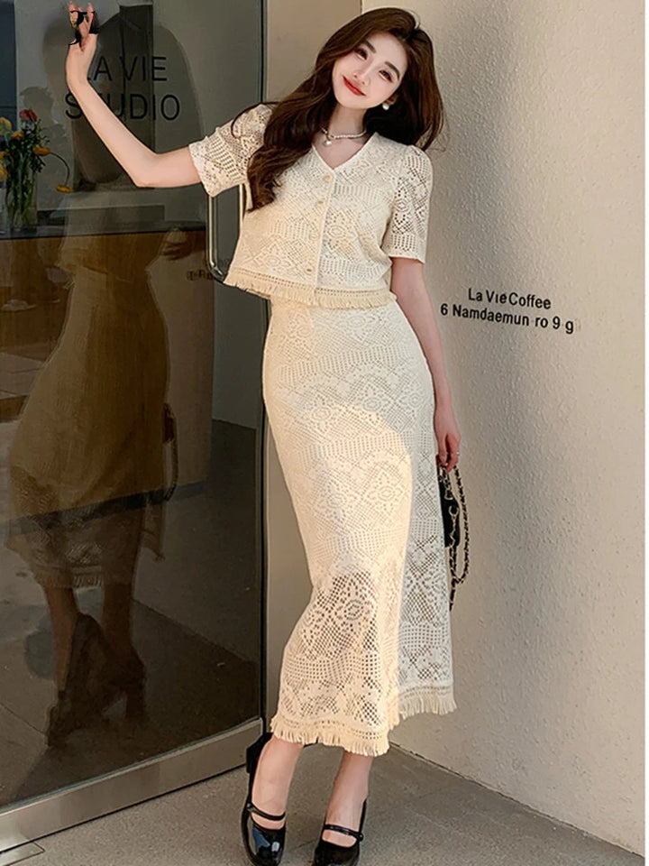 Korean Fashion Lace Two Piece Set - V-neck Blouse + High Waist Skirt - Summer Y2k Style