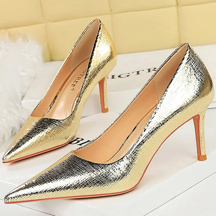 Retro Western Style Women's Party Pumps - 7cm Thin Heels, Pointed Toe, Gold/Silver - Spring/Autumn, EUR Sizes