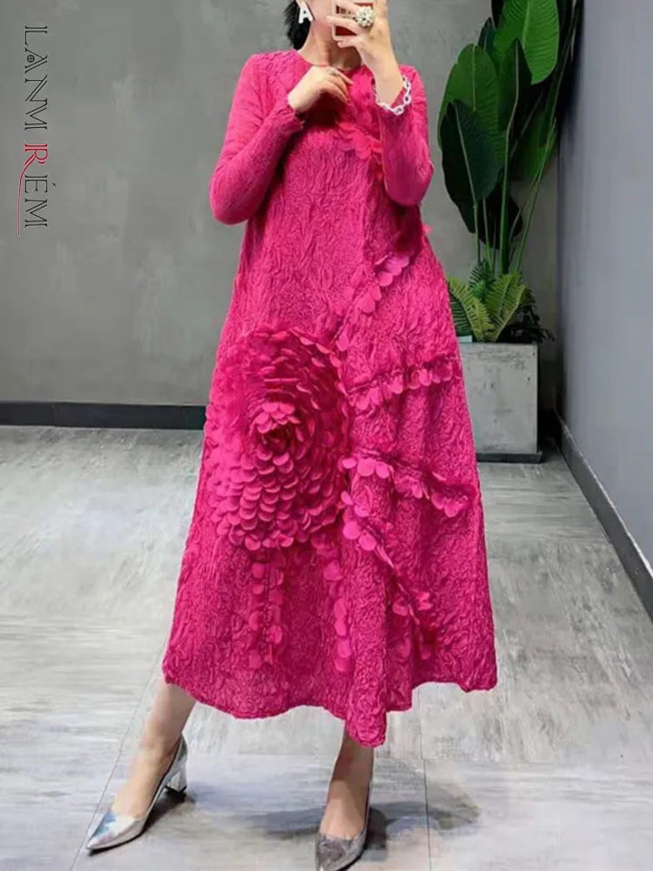 Elegant LANMREM Flower Dress for Women - Midi Pleated Round Neck, Long Sleeve, 2024 Summer Spring Festival Collection