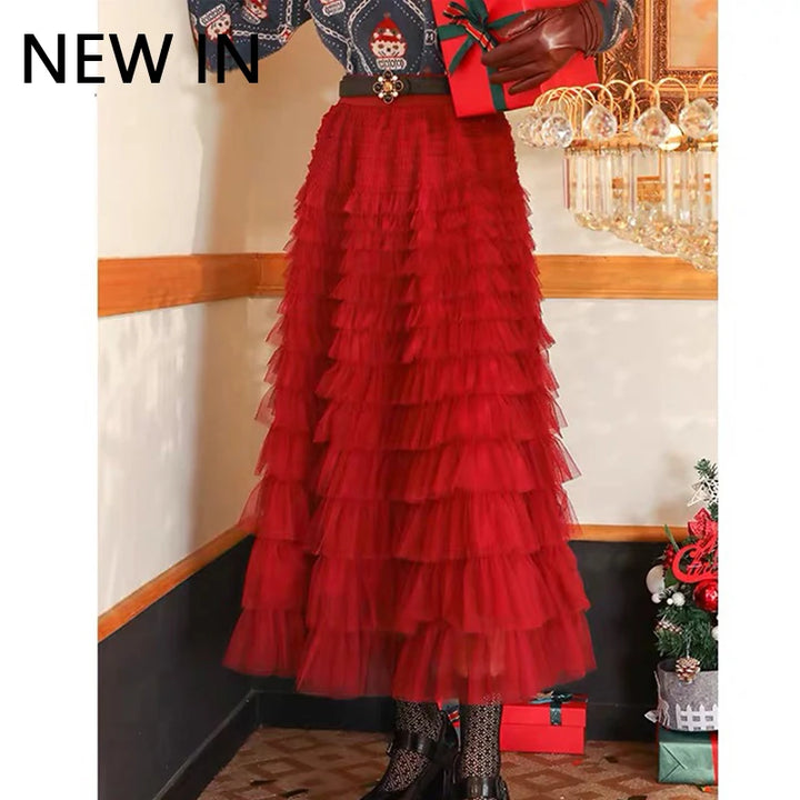 Elegant Vintage French Skirt - Designer Mesh Ruffles, Cascading Layers, Elastic Waist - Perfect for Parties and Nights Out!