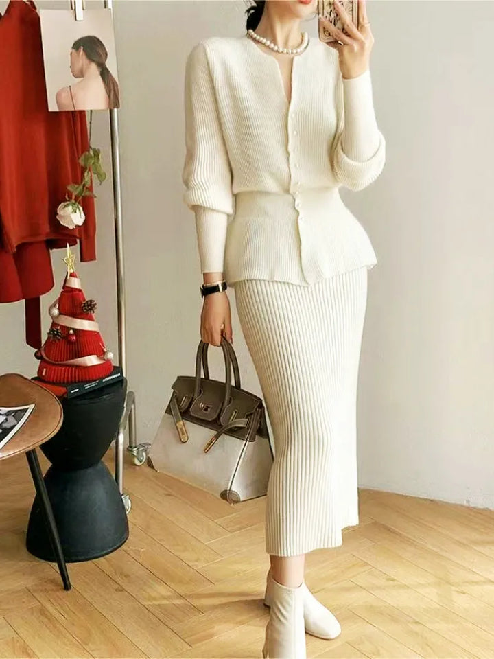 Elegant Skirt Sets Women 2 Piece Outfit 2023 Autumn/Winter Solid Long Sleeves Knitted Sweater Skirt Set Korea Fashion Dress Sets