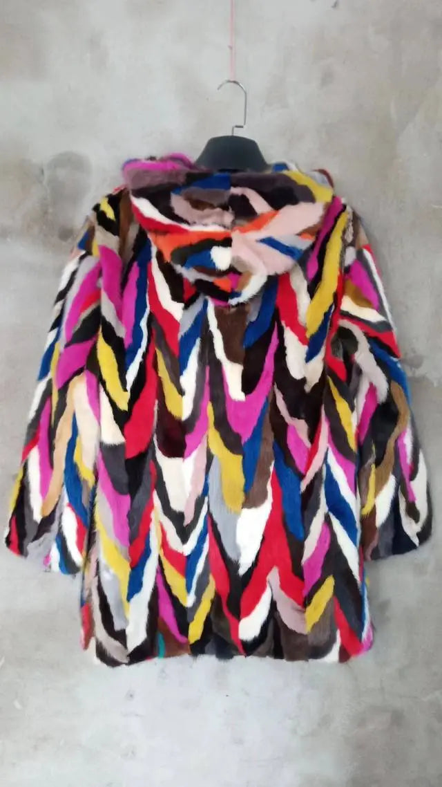 Genuine real natural mink fur coat with hood women's fashion multi-color colorfull warm winter waistcoats custom any size
