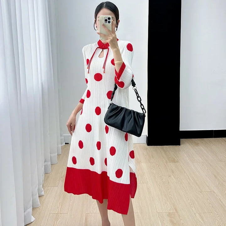 2023 Autumn Polka Dot Dress | Elegant Stand Collar | Three-quarter Sleeves | Sizes 90-120cm | Miyake Fashion