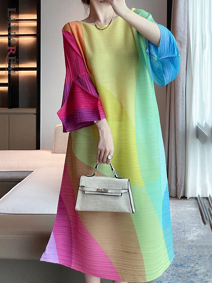 Colorful Print Pleated Dress - Casual A-line Fashion 2023 Autumn - LANMREM