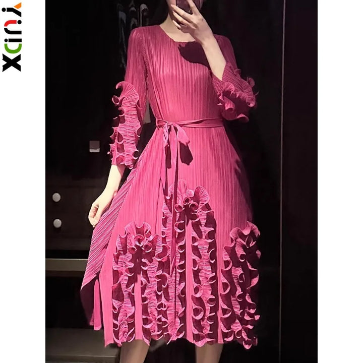 2024 Spring New Miyake Wooden Ear Fashion Dress | Women's Tie Waisted | Pleated Solid Color | YUDX