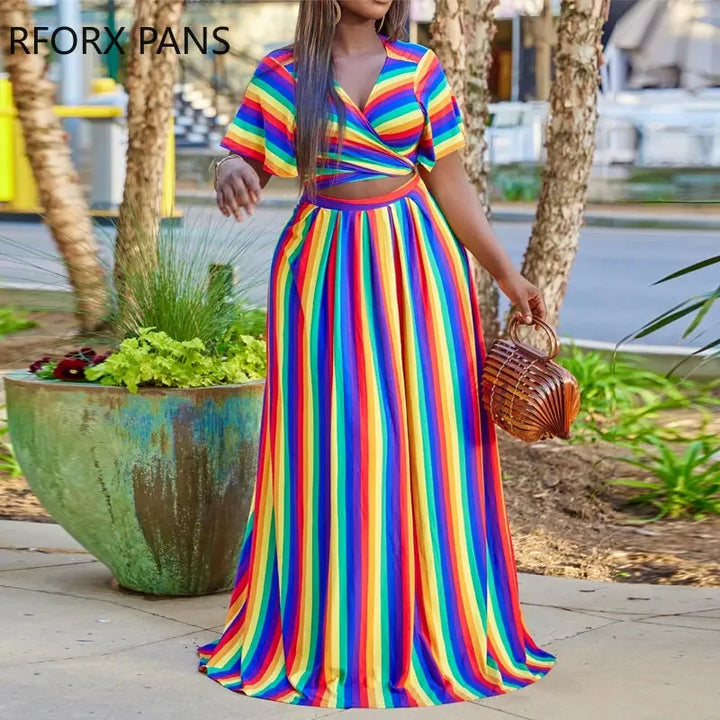 Plus Size Women Chic Striped Lace Up Short Sleeves Wrap Sexy Maxi Skirt Sets