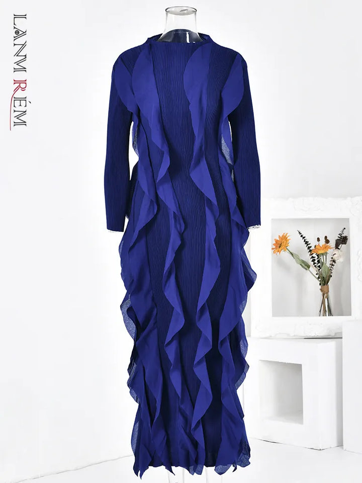 Stylish LANMREM Pleated Dress for Women - Elegant Retro Design, Long Sleeves, 2024 Collection