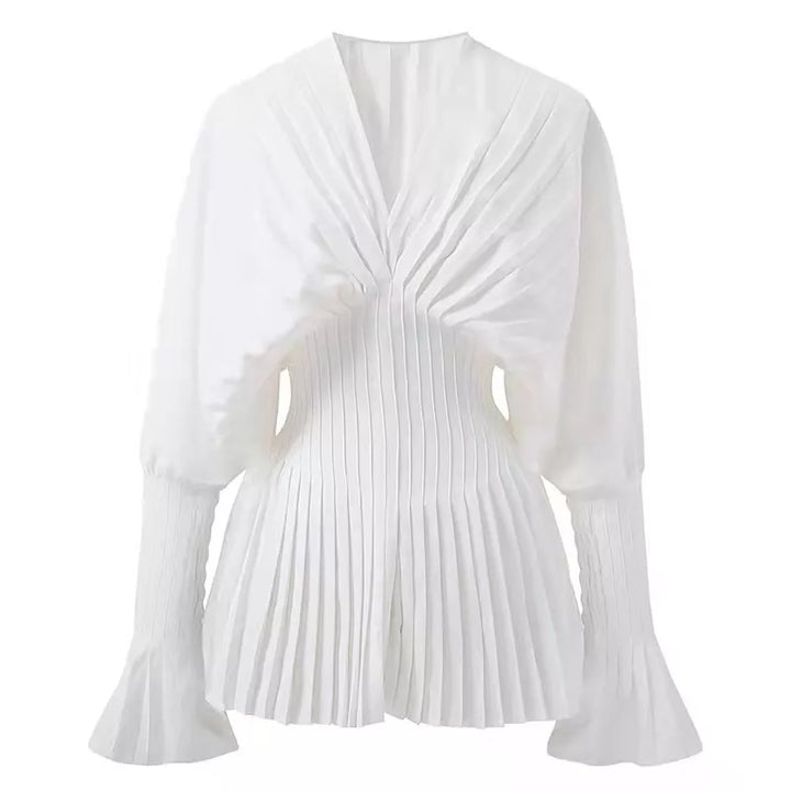 Elegant Women Loose White V-Neck Pleated Shirts Female Lantern Full Sleeve Tops Blouses Casual Blusas 2023 Spring Autumn DS4