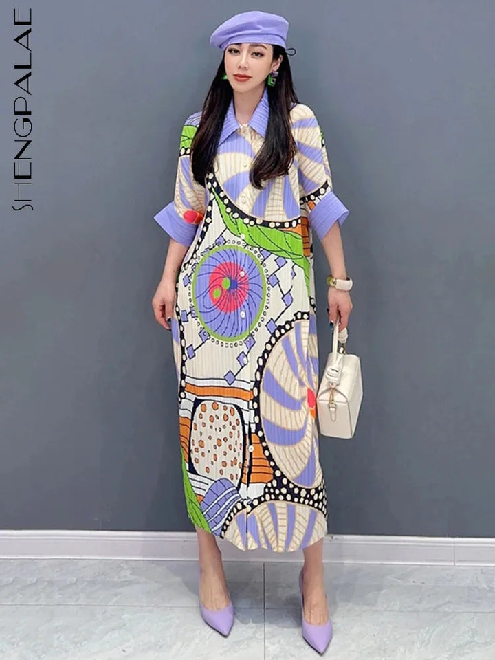 SHENGPALAE Draped Printed Dress For Women Contrast Color Niche Design Lapel Loose