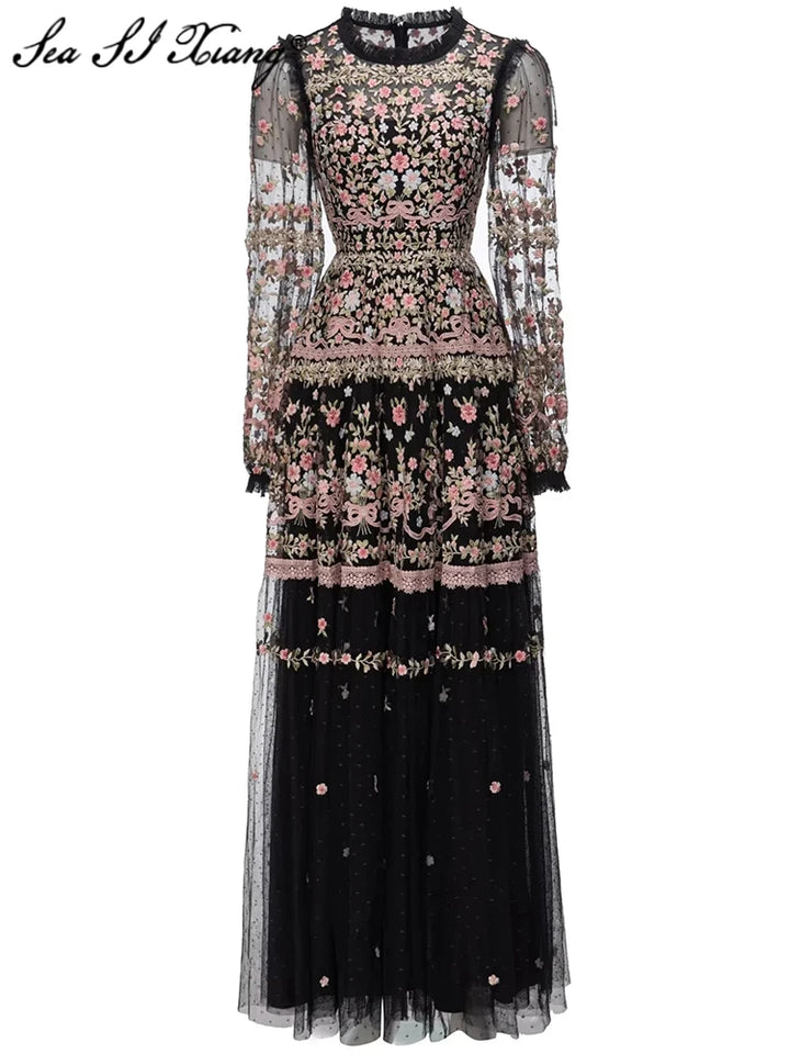 Vintage Autumn Maxi Dress | Mesh & Floral Embroidery | High Waist & Lantern Sleeves