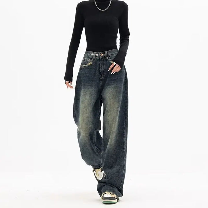 Retro Korean Baggy Jeans - High Waisted Straight Leg Denim Pants