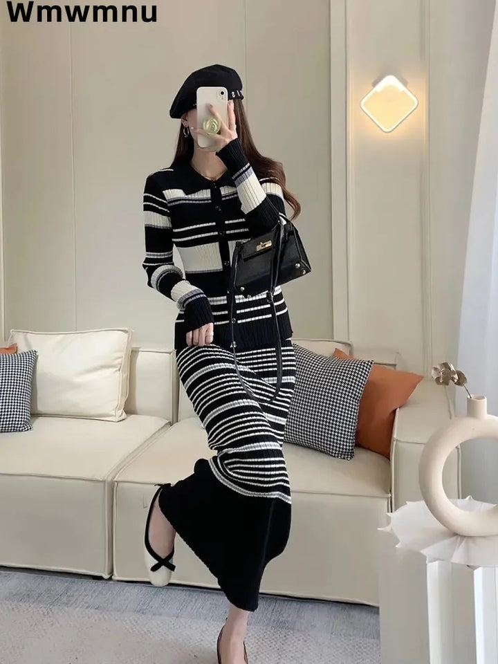 Korean Strip Knitwear Dress 2 Piece Set Elegant Long Sleeve Zip Knit Cardigan Outfit Sleeveless Hip Wrap Vestidos Conjuntos