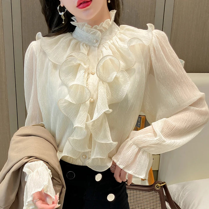 Chic Vintage Lace Blouse - Elegant Spring Stand Collar Chiffon Shirt for Women