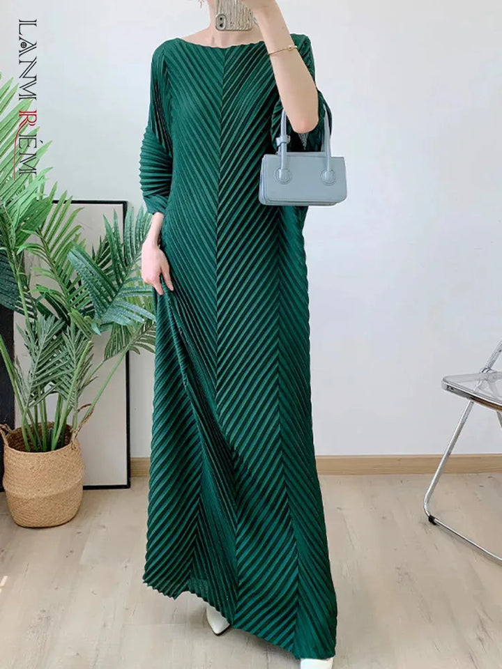 LANMREM Elegant Pleated Maxi Dress - Solid Color, Long Sleeves, 2024 Spring Fashion