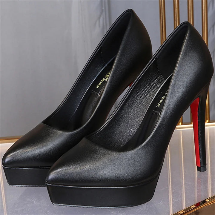 Stylish Slip-On Platform Pumps - 12cm Thin Heels, PU Leather, Korean Style, Black