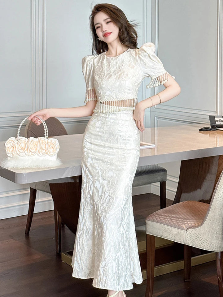 Vintage Celebrity Style 2-Piece Outfit Set with Jacquard Satin, Pearl Tassel, and Fishtail Skirt for Women - Perfect for Parties and Prom (2023)