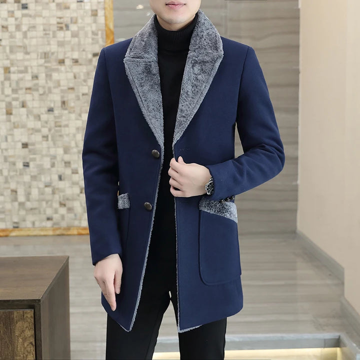 Top Winter Men's Mid-Long Woolen Coat Business Casual Overcoat Solid Color Cotton Thicken Windbreaker Outwear Warm Trench Jacket