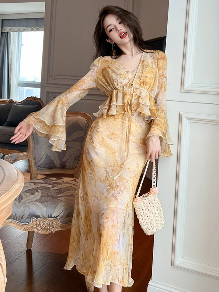 Yellow Chiffon Ruffle Dress Set - 2023 Summer Collection for Women - Beach Boho Outfits