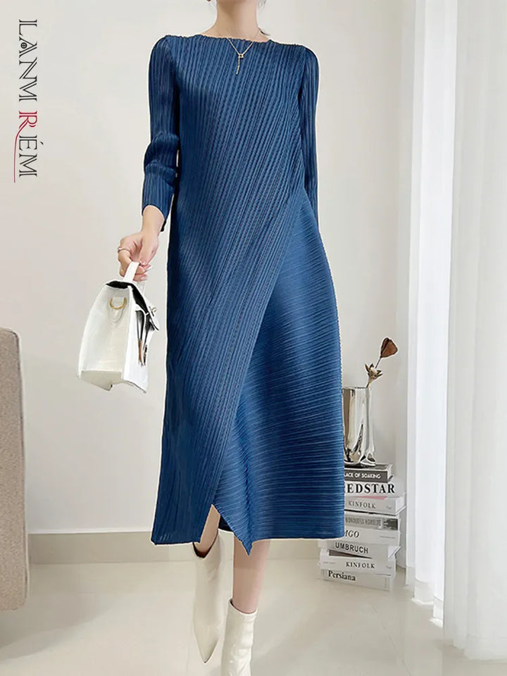 LANMREM Solid Color Pleated Dress for Women - Office Lady Fashion 2024 Spring