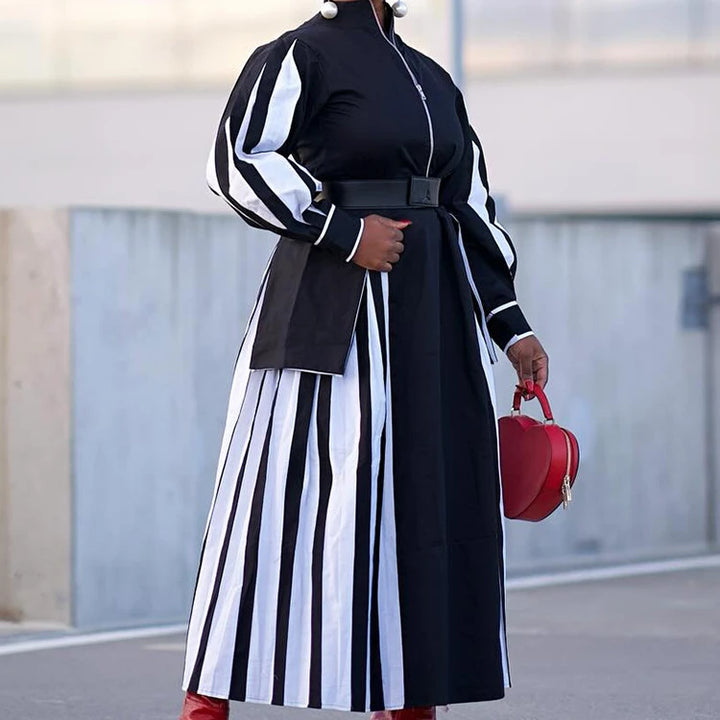 Stripe Maxi Dress with Ruffle Hem & Lantern Sleeves - Spring/Autumn Party Evening Wear