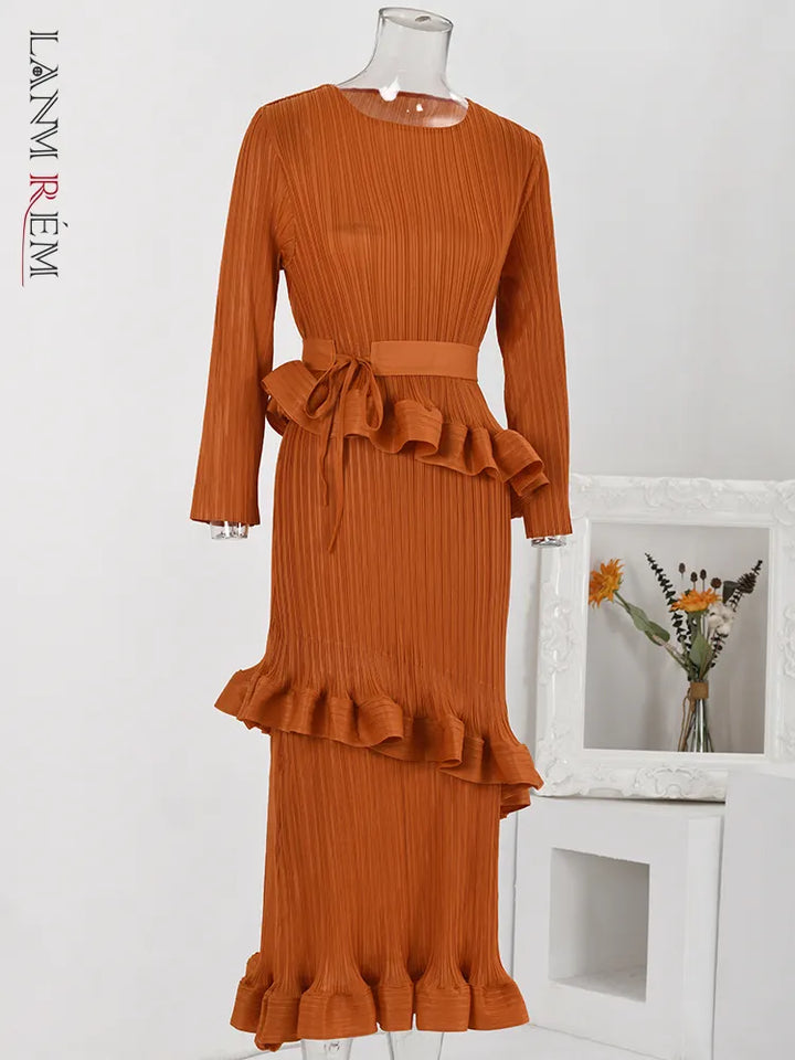 Elegant Three-Layer Ruffled Dress for Women - Solid Color, Long Sleeve, Party Clothing