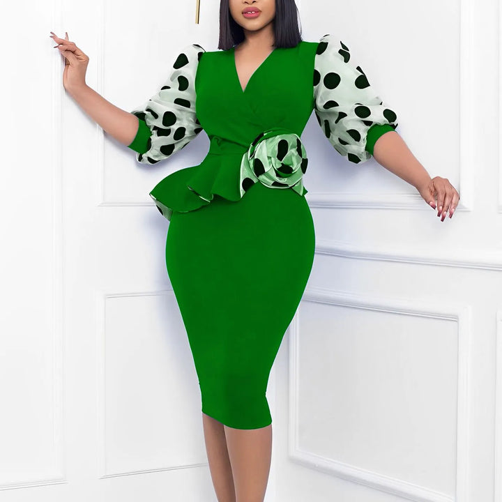 Mesh Polka Dot Bodycon Midi Dress - Elegant Office Lady Party Gown with V Neck and Peplum Detail