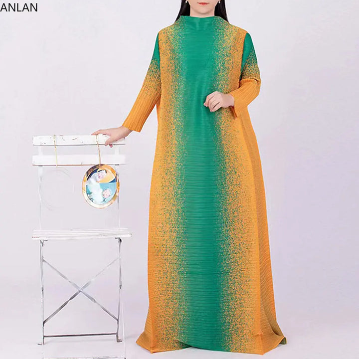 ANLAN Pleated Maxi Dress - Contrast Color O-Neck Long Sleeve - 2024 New Collection - One Size (Unit:cm)