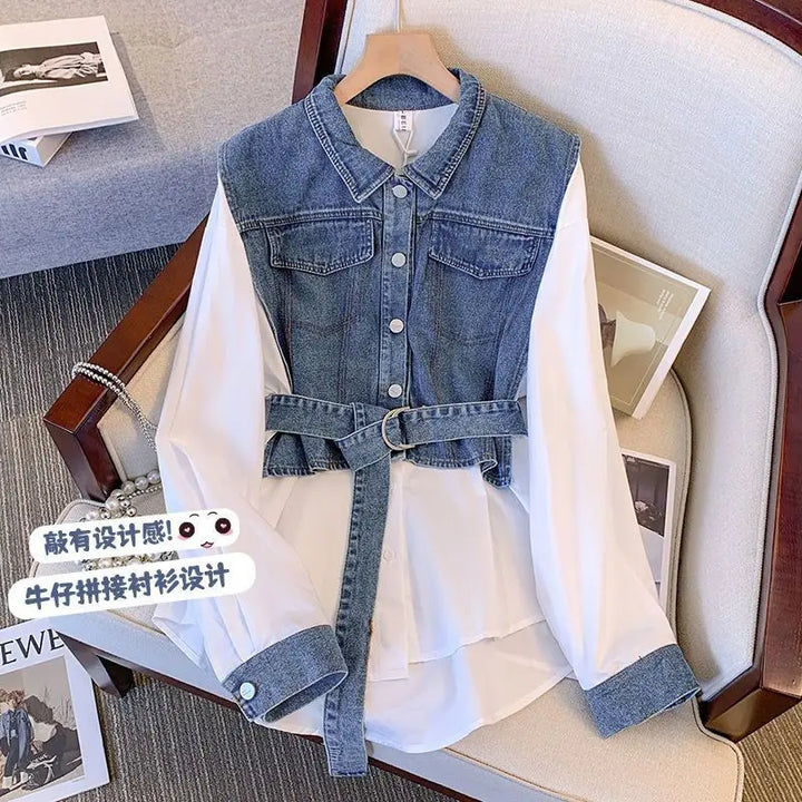 Stylish Denim Patchwork Shirt for Women - Casual & Chic Commute Blouse with Sashes