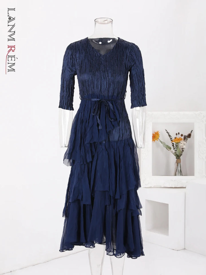 Stylish LANMREM 2024 Pleated Dress with V Neck and Belt - Perfect for Parties!